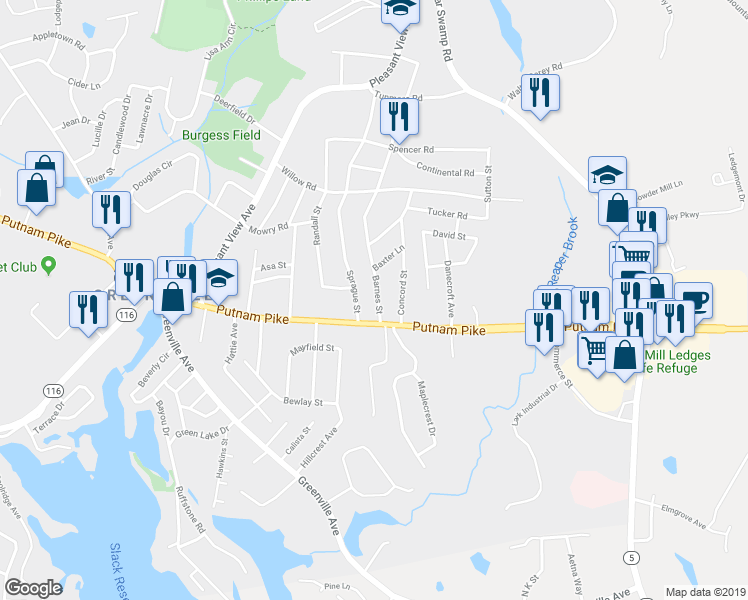 map of restaurants, bars, coffee shops, grocery stores, and more near 2 Barnes Street in Smithfield