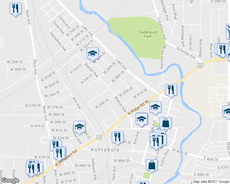map of restaurants, bars, coffee shops, grocery stores, and more near 3834 Station Avenue in Ashtabula