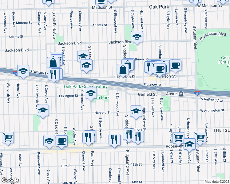 map of restaurants, bars, coffee shops, grocery stores, and more near 941 South Elmwood Avenue in Oak Park
