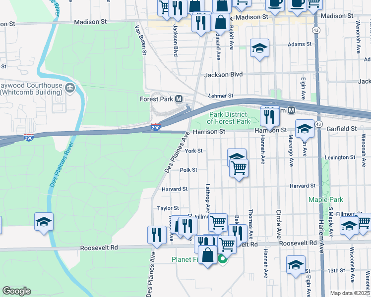 map of restaurants, bars, coffee shops, grocery stores, and more near 7641 York Street in Forest Park