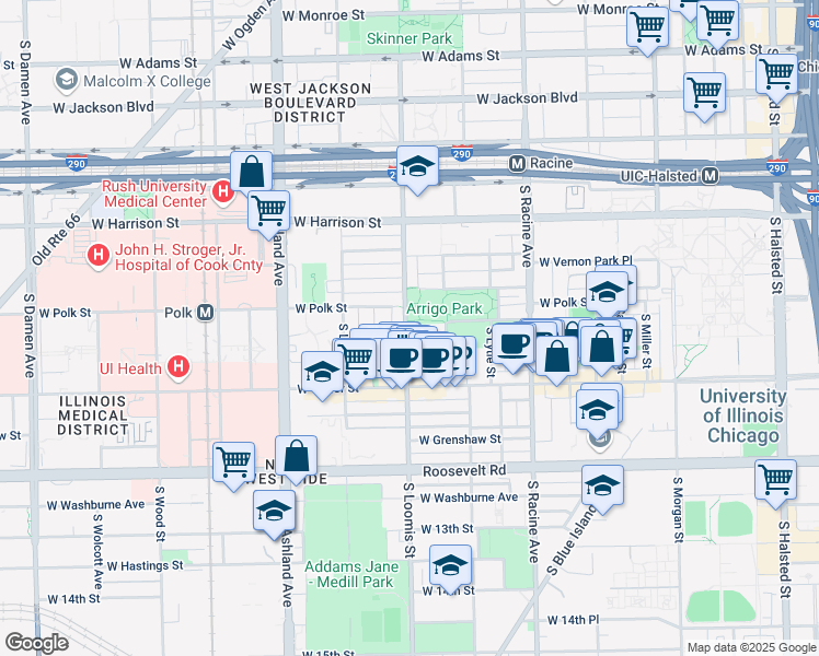 map of restaurants, bars, coffee shops, grocery stores, and more near 817 South Loomis Street in Chicago
