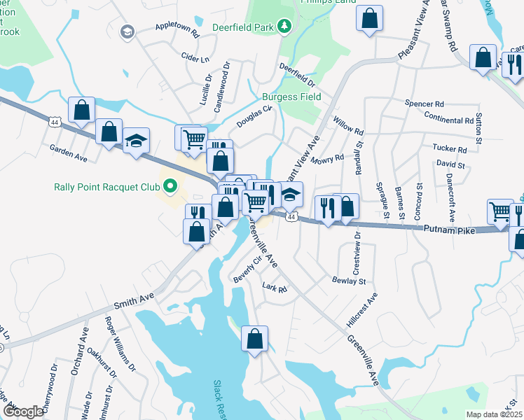 map of restaurants, bars, coffee shops, grocery stores, and more near 599 Putnam Pike in Smithfield