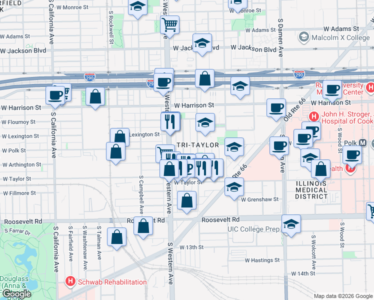 map of restaurants, bars, coffee shops, grocery stores, and more near 807 South Claremont Avenue in Chicago