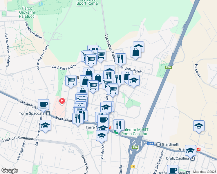 map of restaurants, bars, coffee shops, grocery stores, and more near 99-101 Via del Fringuello in Rome