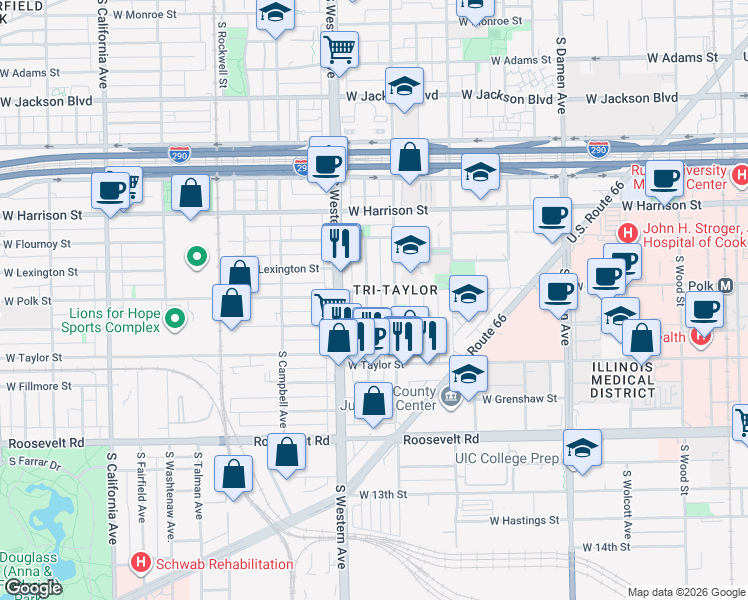 map of restaurants, bars, coffee shops, grocery stores, and more near 807 South Claremont Avenue in Chicago