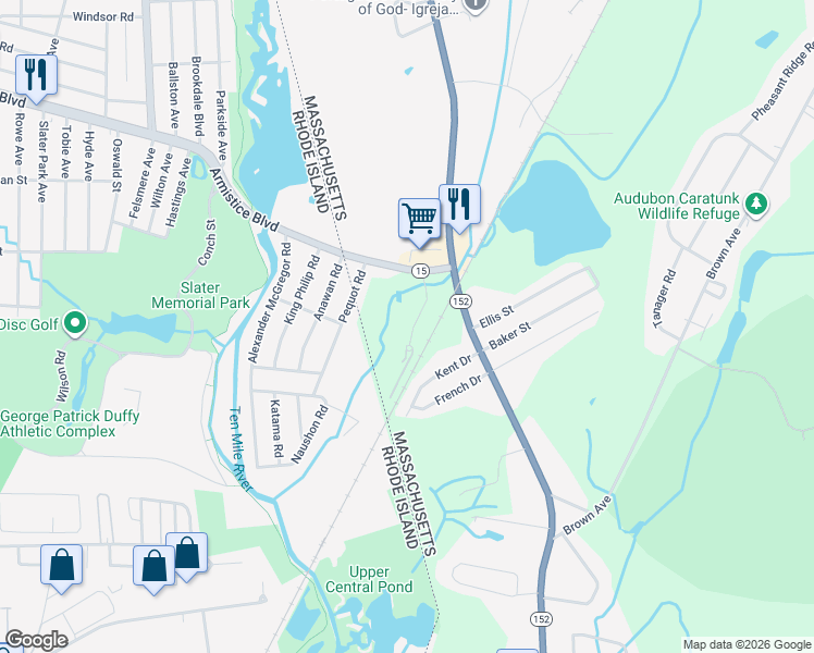 map of restaurants, bars, coffee shops, grocery stores, and more near 11 Tall Pines Lane in Seekonk