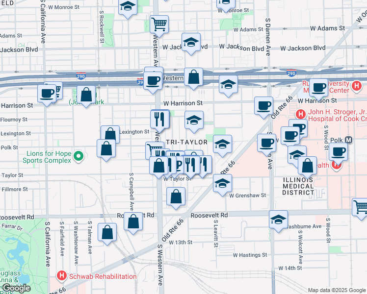 map of restaurants, bars, coffee shops, grocery stores, and more near 810 South Oakley Boulevard in Chicago
