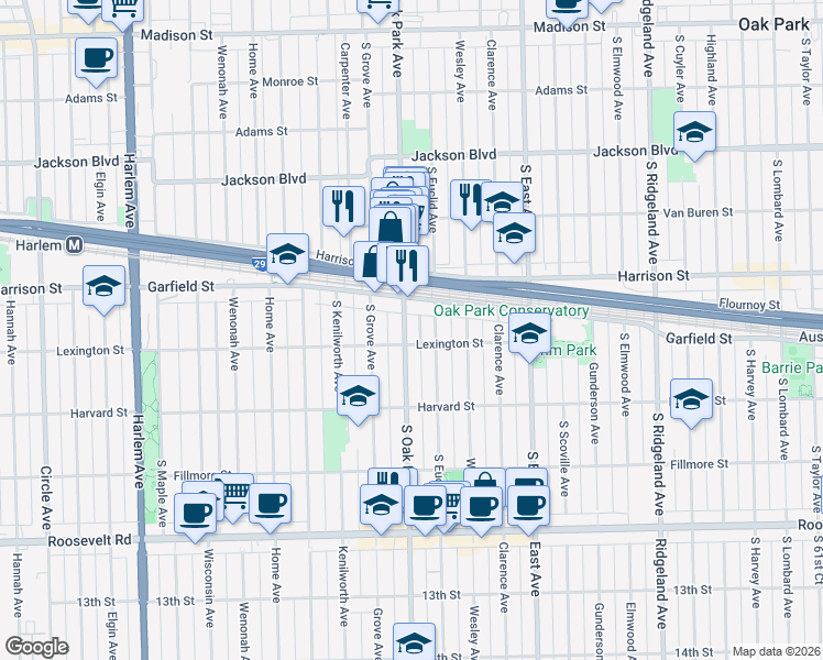 map of restaurants, bars, coffee shops, grocery stores, and more near 948 South Oak Park Avenue in Oak Park