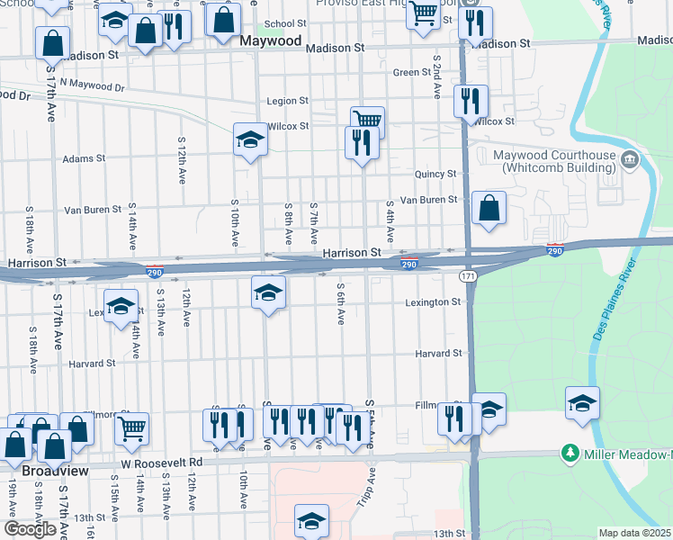 map of restaurants, bars, coffee shops, grocery stores, and more near 1809 S 6th Ave in Maywood
