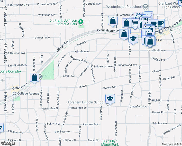 map of restaurants, bars, coffee shops, grocery stores, and more near 334 Kenilworth Avenue in Glen Ellyn
