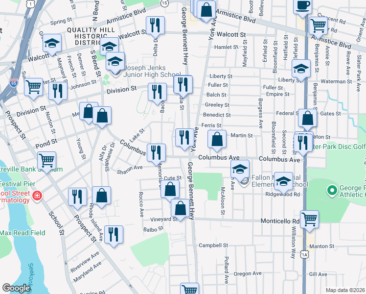 map of restaurants, bars, coffee shops, grocery stores, and more near 21 Keough in Pawtucket