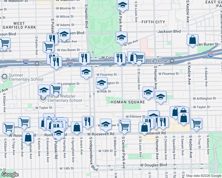 map of restaurants, bars, coffee shops, grocery stores, and more near 3634 West Polk Street in Chicago