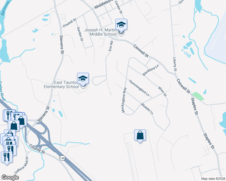 map of restaurants, bars, coffee shops, grocery stores, and more near 215 Erin Road in Taunton