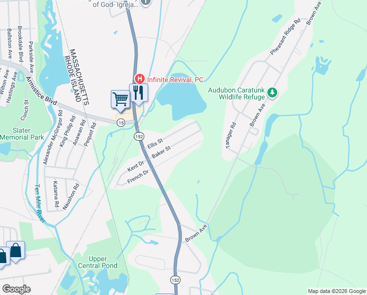 map of restaurants, bars, coffee shops, grocery stores, and more near 72 Coleman Street in Seekonk