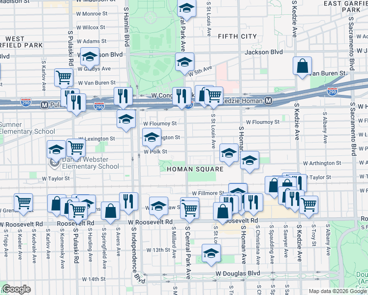 map of restaurants, bars, coffee shops, grocery stores, and more near 3600 West Polk Street in Chicago