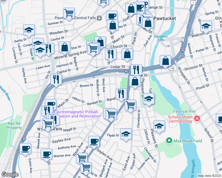 map of restaurants, bars, coffee shops, grocery stores, and more near 166 West Avenue in Pawtucket