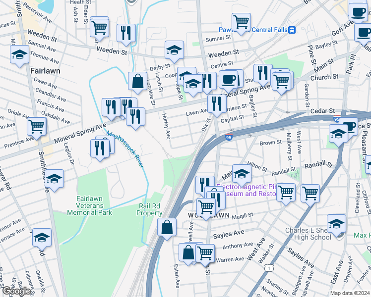 map of restaurants, bars, coffee shops, grocery stores, and more near 40 Grotto Avenue in Pawtucket