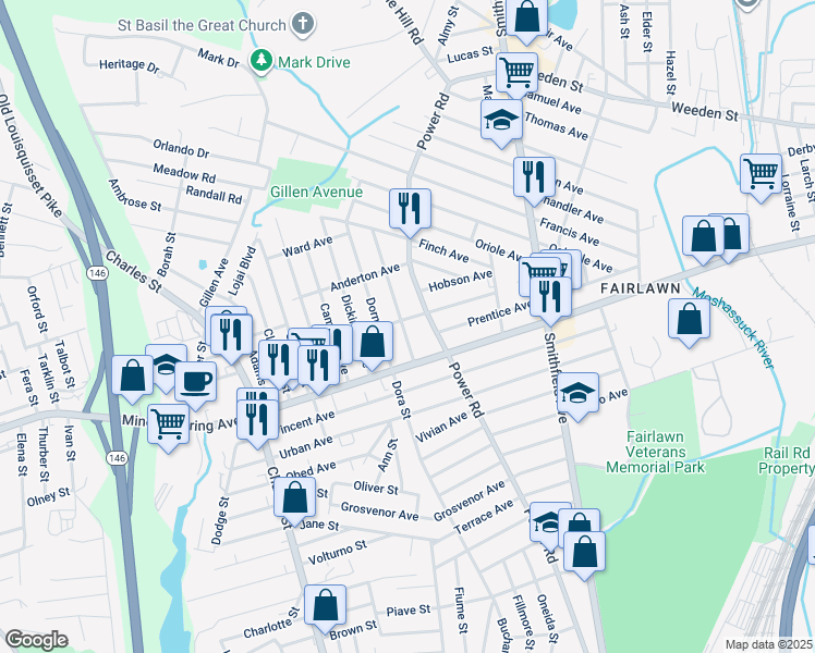 map of restaurants, bars, coffee shops, grocery stores, and more near 42 Stedman Avenue in Pawtucket