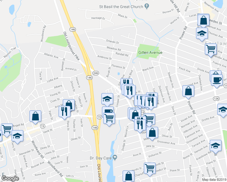 map of restaurants, bars, coffee shops, grocery stores, and more near 1 Santini Street in North Providence
