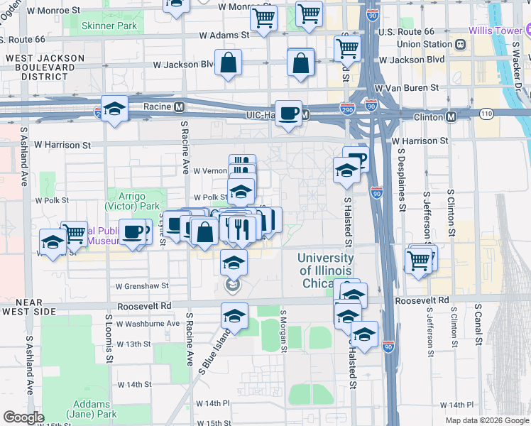map of restaurants, bars, coffee shops, grocery stores, and more near 828 South Miller Street in Chicago