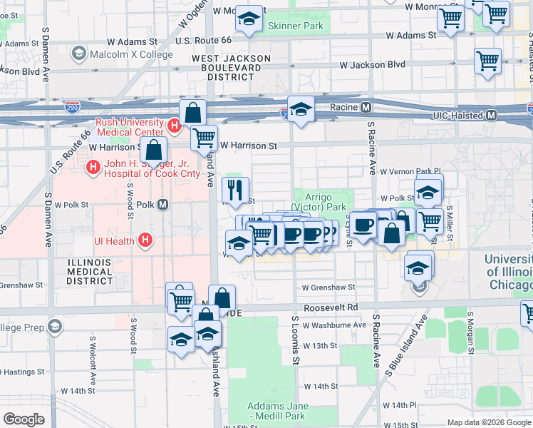 map of restaurants, bars, coffee shops, grocery stores, and more near 820 South Bishop Street in Chicago