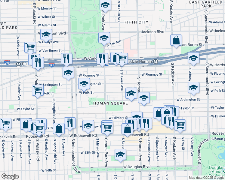 map of restaurants, bars, coffee shops, grocery stores, and more near 3518 West Polk Street in Chicago