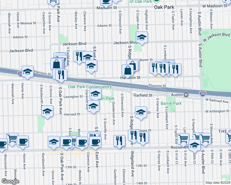 map of restaurants, bars, coffee shops, grocery stores, and more near 941 South Elmwood Avenue in Oak Park