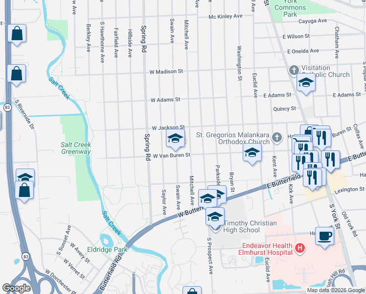 map of restaurants, bars, coffee shops, grocery stores, and more near 925 Swain Avenue in Elmhurst