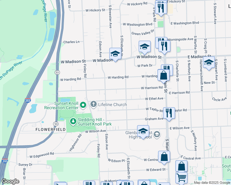 map of restaurants, bars, coffee shops, grocery stores, and more near 319 West Harrison Road in Lombard