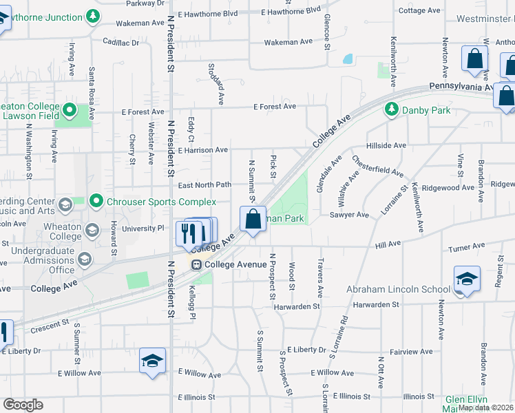 map of restaurants, bars, coffee shops, grocery stores, and more near in Wheaton