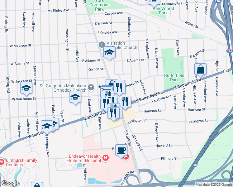 map of restaurants, bars, coffee shops, grocery stores, and more near 917 South York Street in Elmhurst