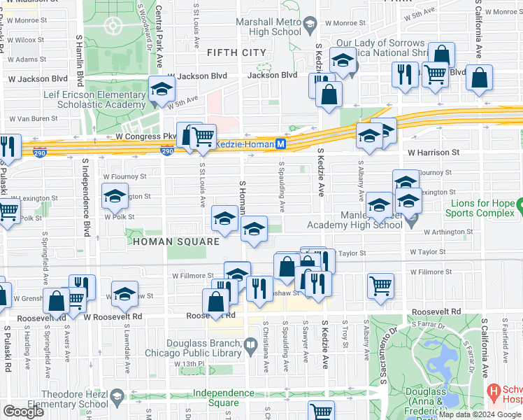 map of restaurants, bars, coffee shops, grocery stores, and more near 3330 West Polk Street in Chicago