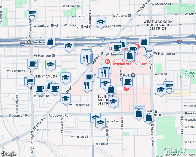 map of restaurants, bars, coffee shops, grocery stores, and more near 1933 West Polk Street in Chicago