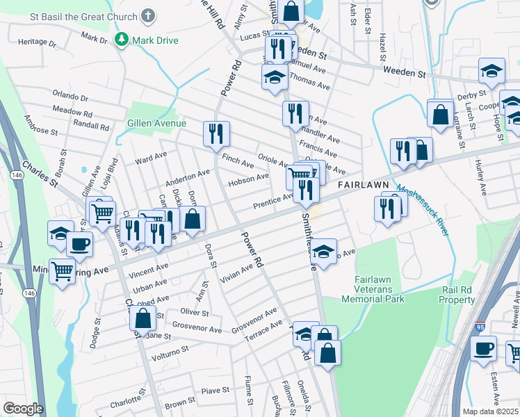 map of restaurants, bars, coffee shops, grocery stores, and more near 100 Prentice Avenue in Pawtucket