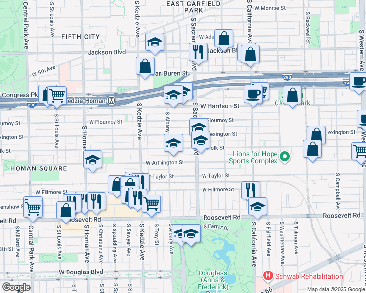 map of restaurants, bars, coffee shops, grocery stores, and more near 3020 West Polk Street in Chicago