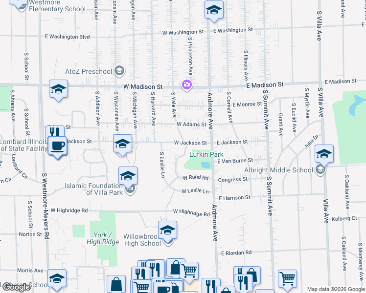 map of restaurants, bars, coffee shops, grocery stores, and more near 101 W Jackson St in Villa Park