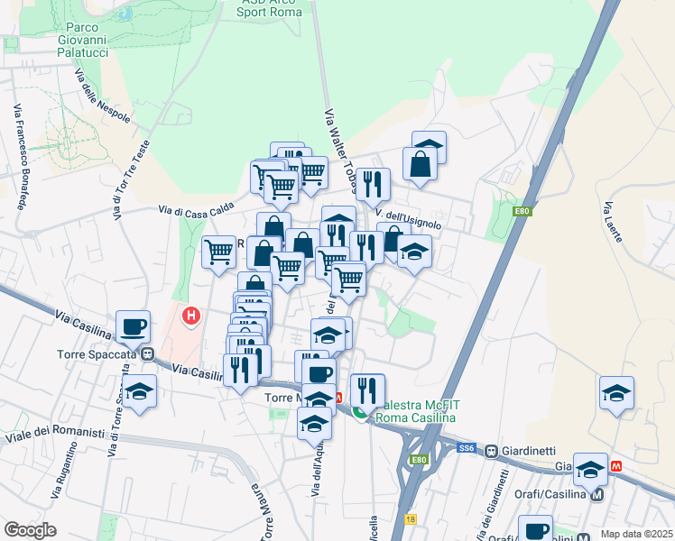 map of restaurants, bars, coffee shops, grocery stores, and more near 101 Via del Fringuello in Roma