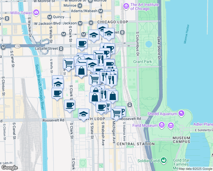 map of restaurants, bars, coffee shops, grocery stores, and more near 825 South Wabash Avenue in Chicago