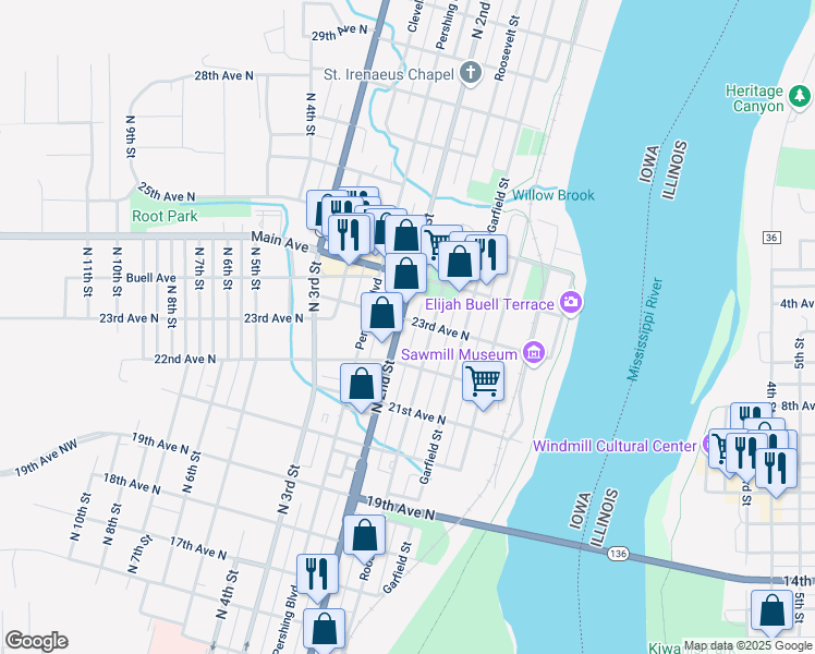 map of restaurants, bars, coffee shops, grocery stores, and more near 2229 North 2nd Street in Clinton