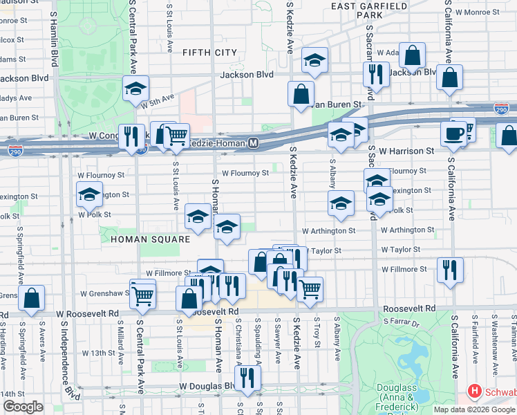 map of restaurants, bars, coffee shops, grocery stores, and more near 3256 West Polk Street in Chicago