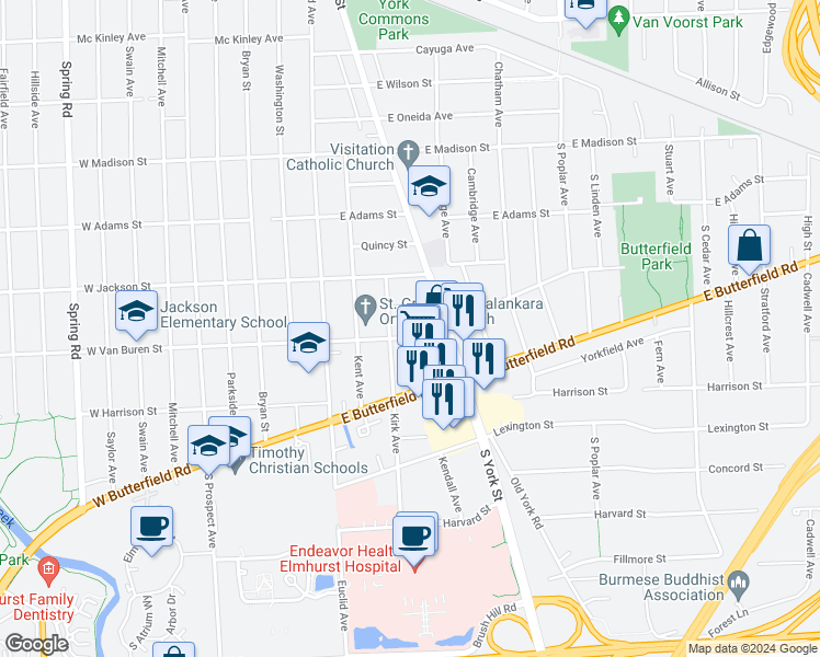 map of restaurants, bars, coffee shops, grocery stores, and more near 171 East Van Buren Street in Elmhurst