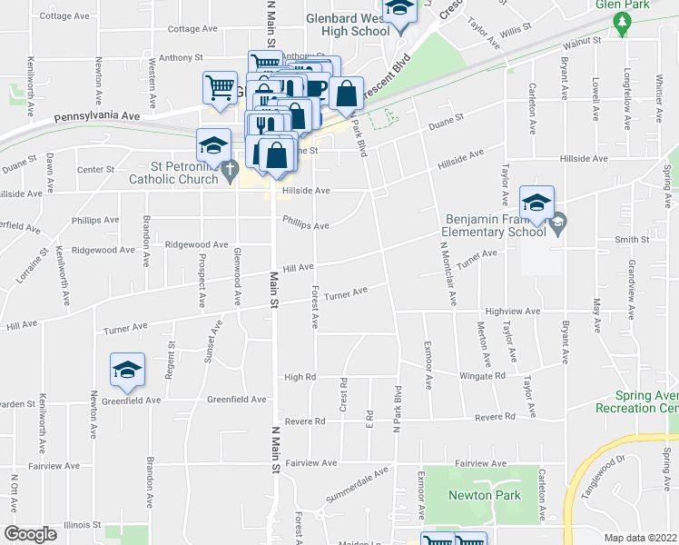 map of restaurants, bars, coffee shops, grocery stores, and more near 583 Hill Avenue in Glen Ellyn