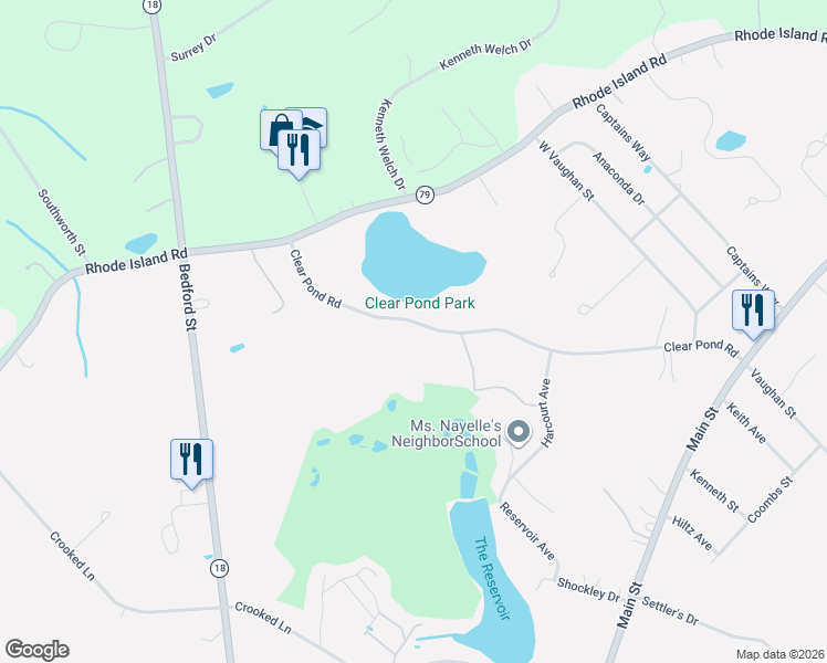 map of restaurants, bars, coffee shops, grocery stores, and more near 52 Clear Pond Road in Lakeville