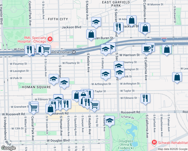 map of restaurants, bars, coffee shops, grocery stores, and more near 3138 West Polk Street in Chicago