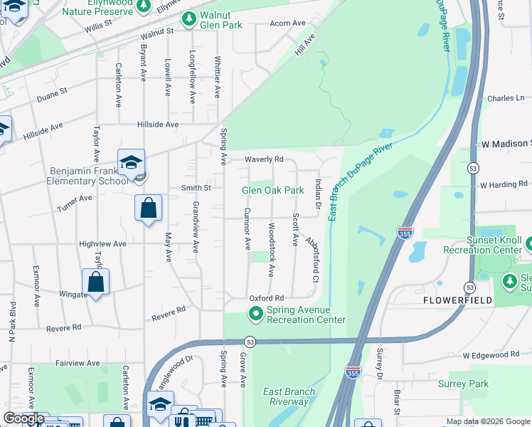 map of restaurants, bars, coffee shops, grocery stores, and more near 950 Roslyn Road in Glen Ellyn