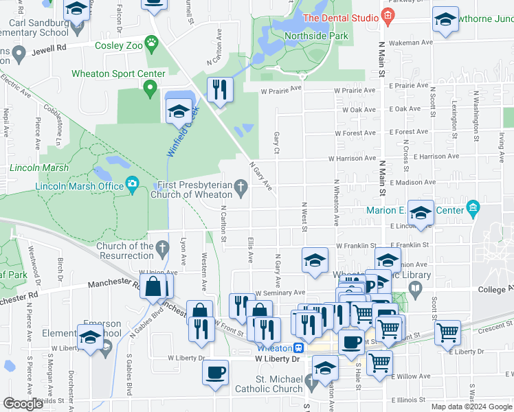 map of restaurants, bars, coffee shops, grocery stores, and more near 529 West Jefferson Avenue in Wheaton