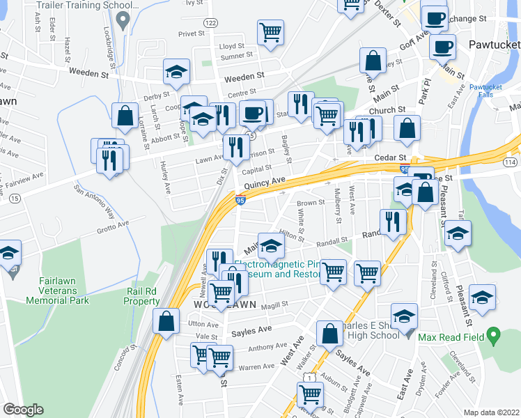 map of restaurants, bars, coffee shops, grocery stores, and more near 7 Carson Street in Pawtucket