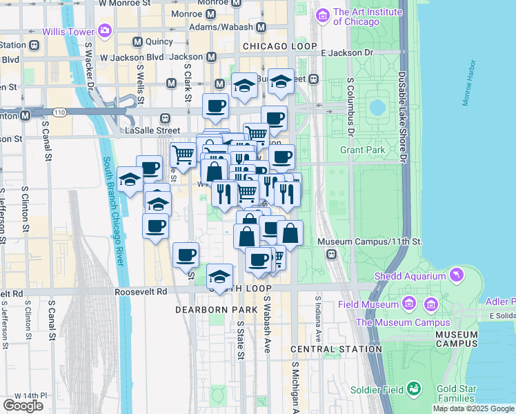 map of restaurants, bars, coffee shops, grocery stores, and more near 900 South State Street in Chicago