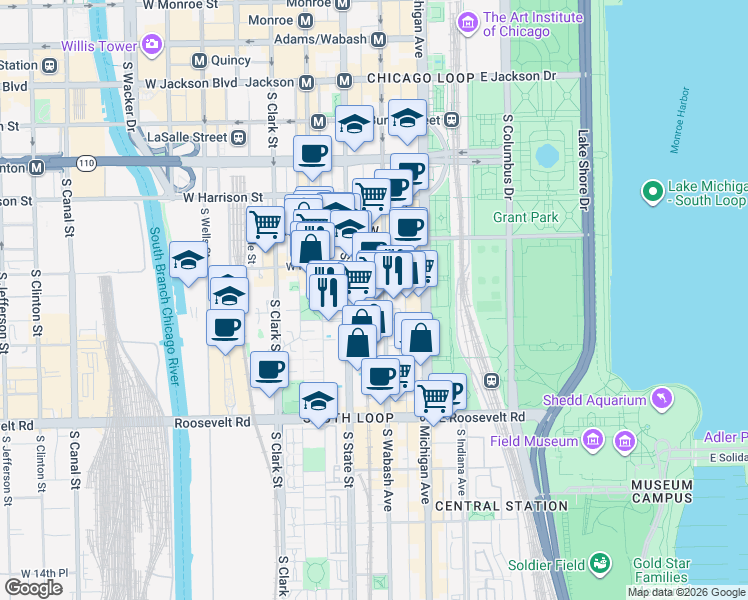 map of restaurants, bars, coffee shops, grocery stores, and more near 40 East 9th Street in Chicago