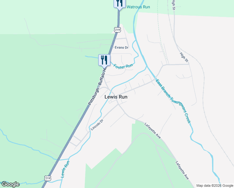 map of restaurants, bars, coffee shops, grocery stores, and more near in Lewis Run